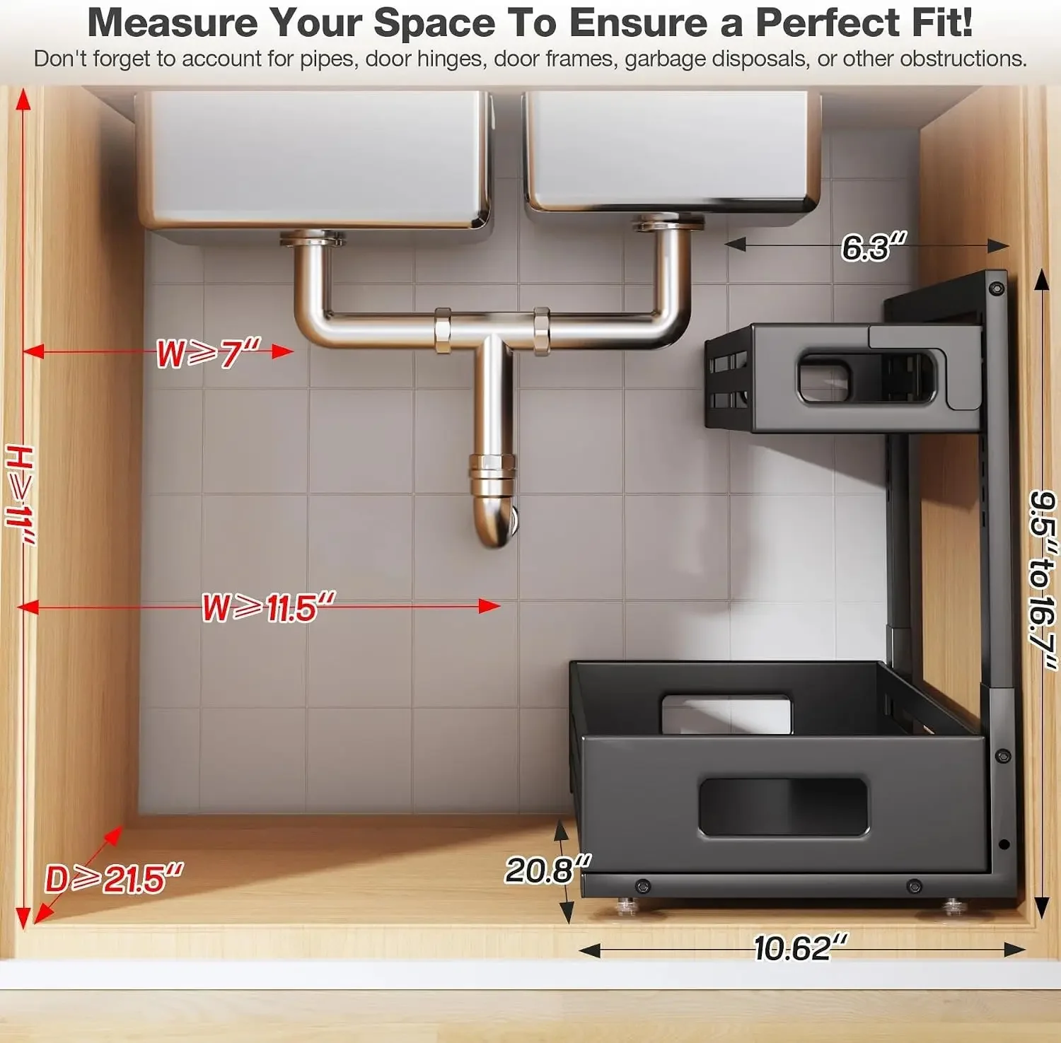 2 Pack 21IN-Depth Under Sink Organizer,Pull Out Cabinet Organizer With Smooth Cylindrical Rail,Metal Slide Out Drawer
