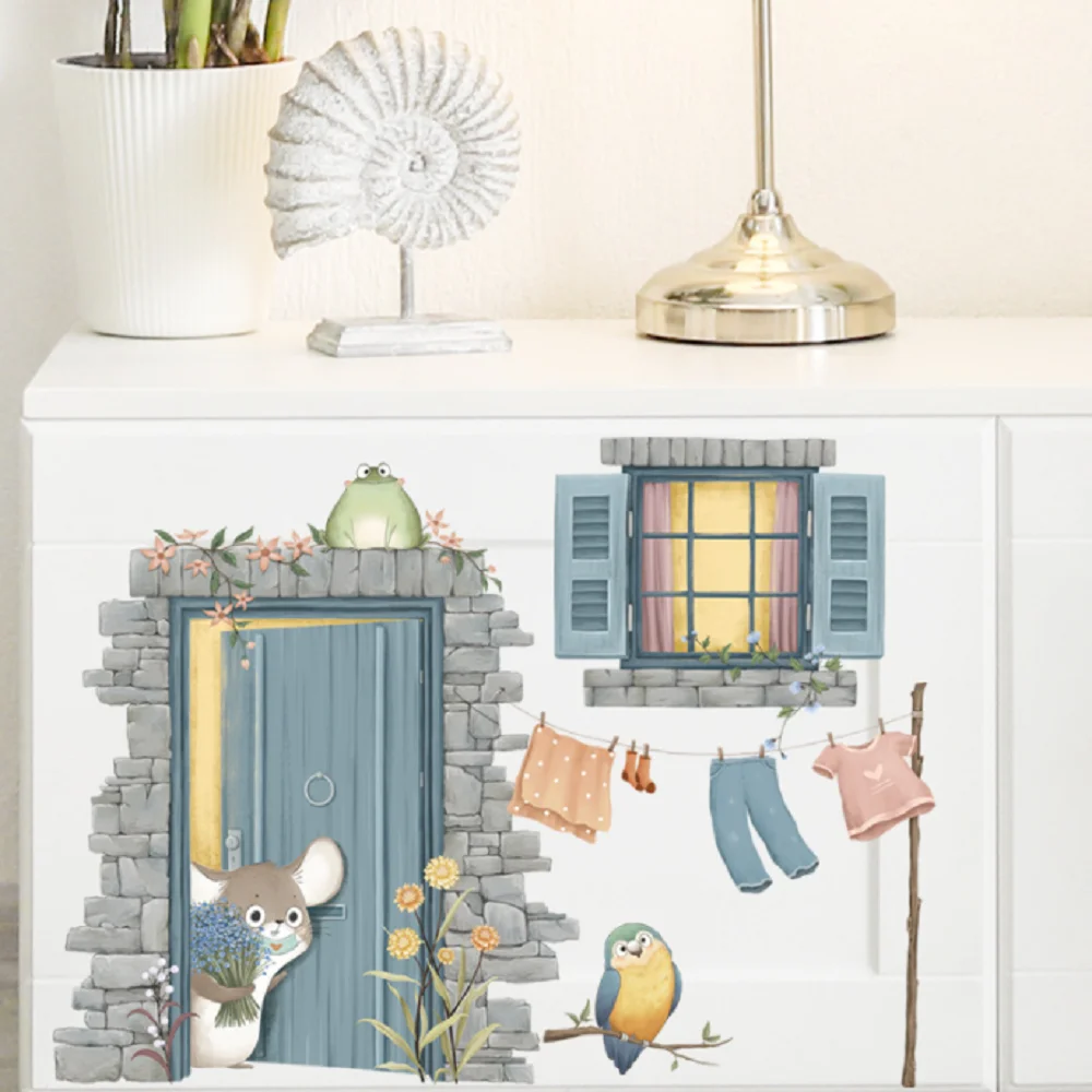 

Deer And Bird Blue Door Windows Cartoon Wall Sticker Living-room Kid Room Background Decoration Decor Poster