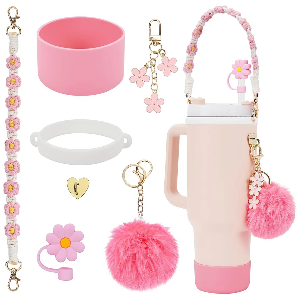 7Pcs Accessory Set For Stanley Cup Pink Flower Water Bottle Handle Strap Straw Protect Cover Fashion Charms Pendant Decoration