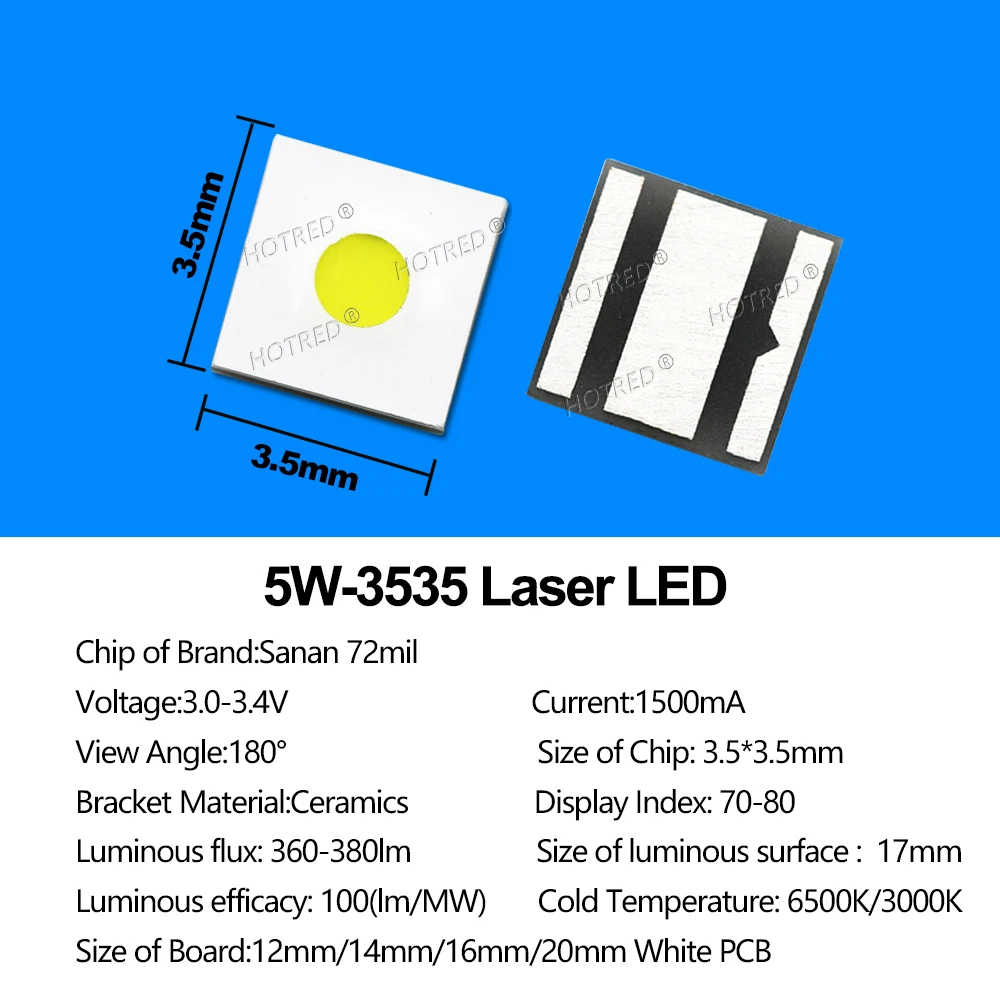3535 LED 5W Flat White Laser Bead Circular High Power Chip Cold Warm White 3-3.4V 1.5A 380lm Diode Flashlight Source Headlamp