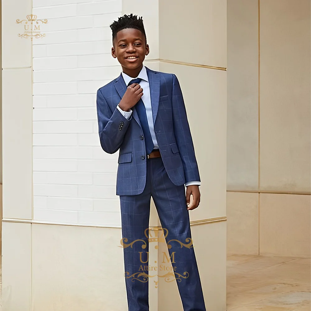 Boy uniform 2-piece suit (jacket+pants) blue checkered notch lapel blazer for wedding prom Thanksgiving party kids birthday gift