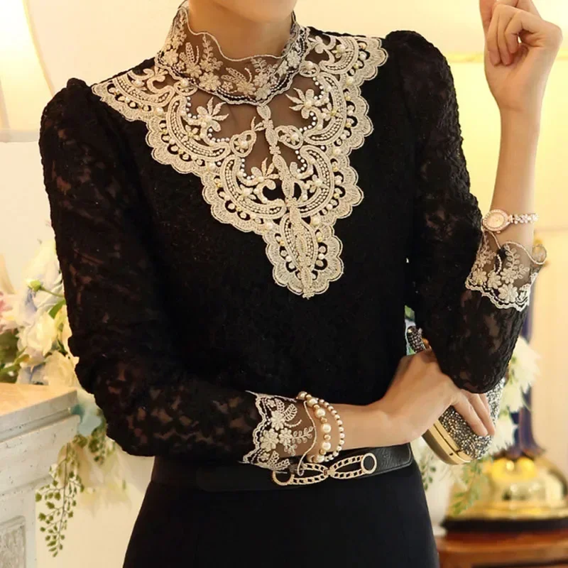 

Black Lace Blouse Women 2023 Autumn Sexy Sheer Mesh Patchwork Embroidery Long Sleeve Pullover Shirt Office Lady Elegant Slim Top