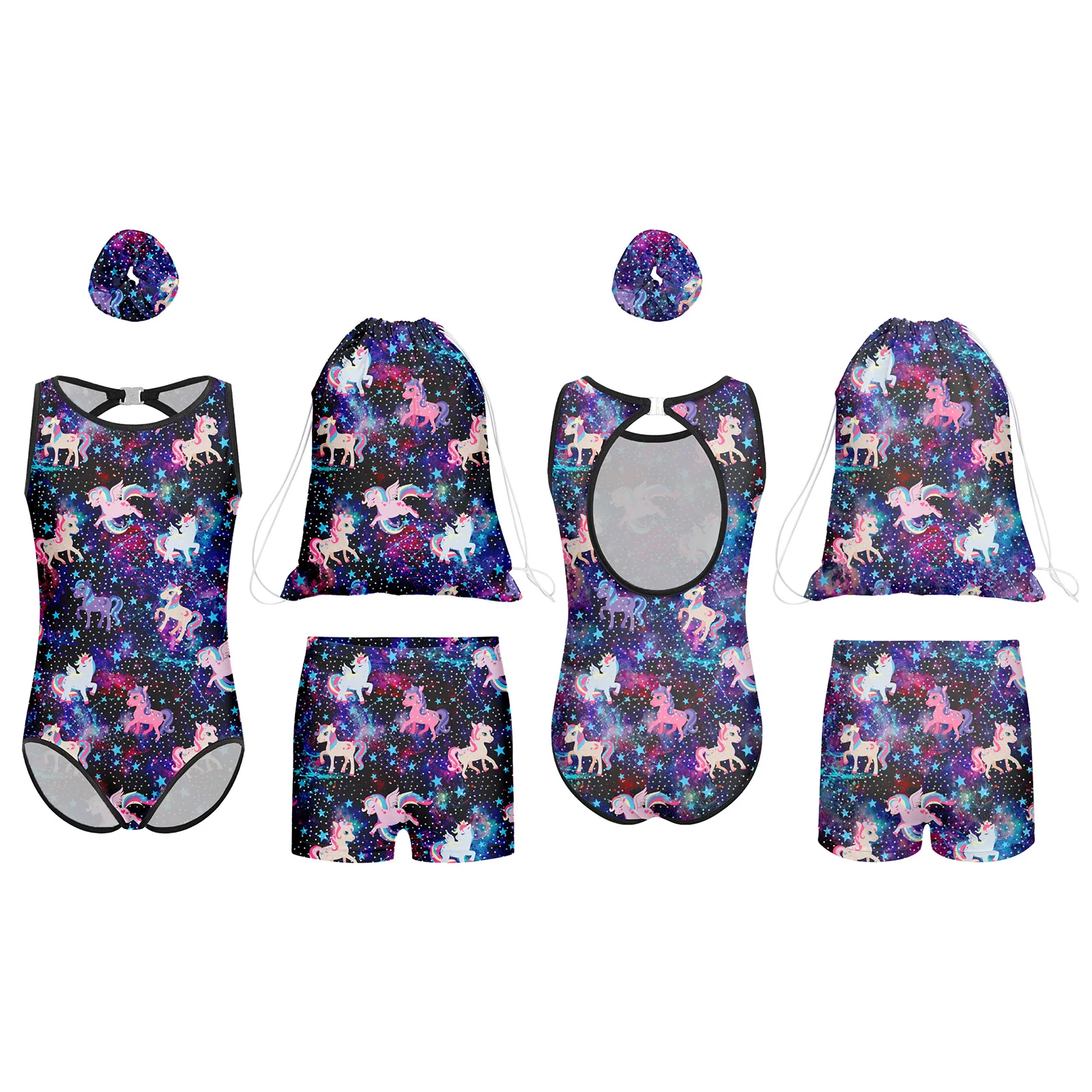 

Комплект для девочек: балетный купальник с принтом, 4 предмета, без рукавов, с вырезом на спине, шорты, сумка, повязка для волос для танцевальных тренировок