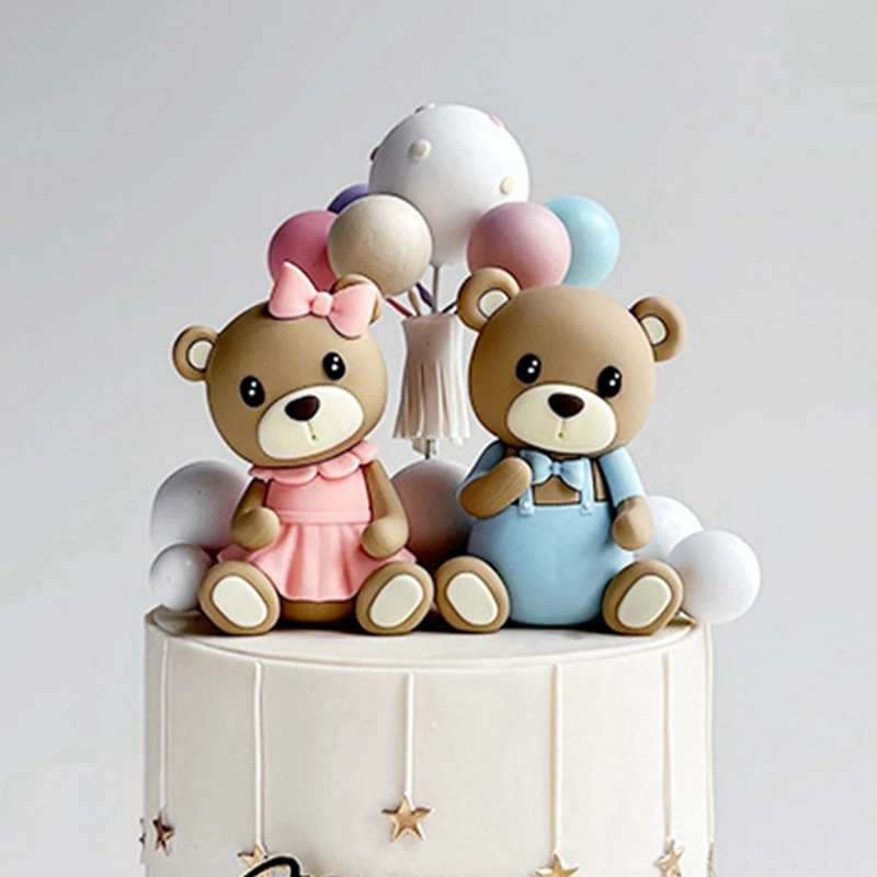 Brown Bear Doll Cake Toppers Happy Birthday Pink Blue Bear Theme Cake Topper for Birthday Baby Shower Wedding Cake Deocrations