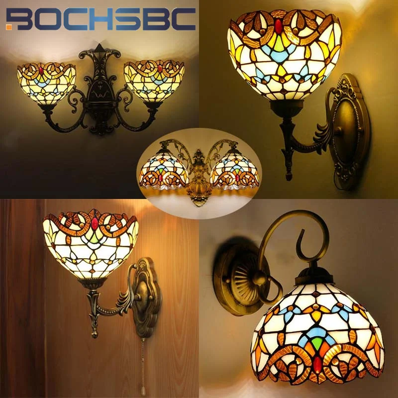 

BOCHSBC Tiffany style stained glass Baroque 8inch 2 head wall lamp for hotel cafe bedroom study corridor LED decor sconce light