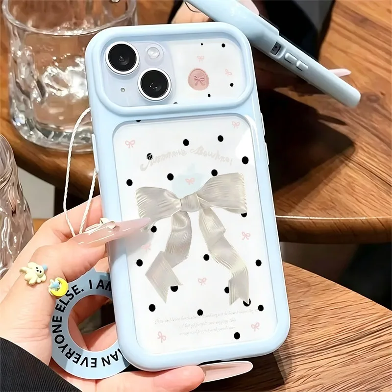 3D White Ribbon Bow Black Polka Dot Print Phone Case, Large Window Soft TPU Shockproof Cover For iPhone