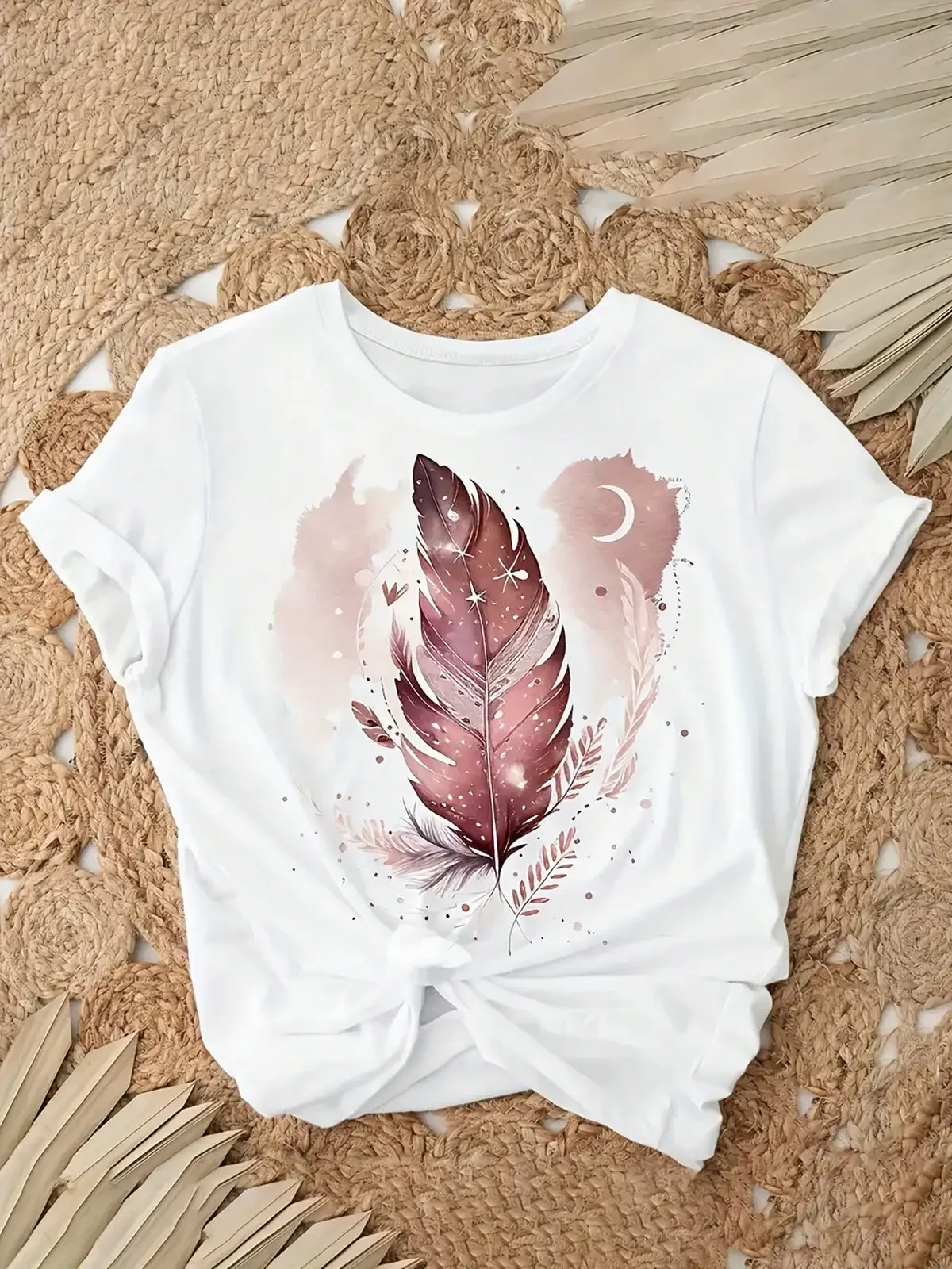 Women's Bohemian Tropical Print T-Shirt - Vintage Watercolor Moon Design With Soft Pink & Golden Accents, Breathable Round Neck, Machine Washable Short Sleeve Casual Top For Spring Summer, Relaxed Weekend Outfit, Artistic Graphic Tee, Lightweight Material