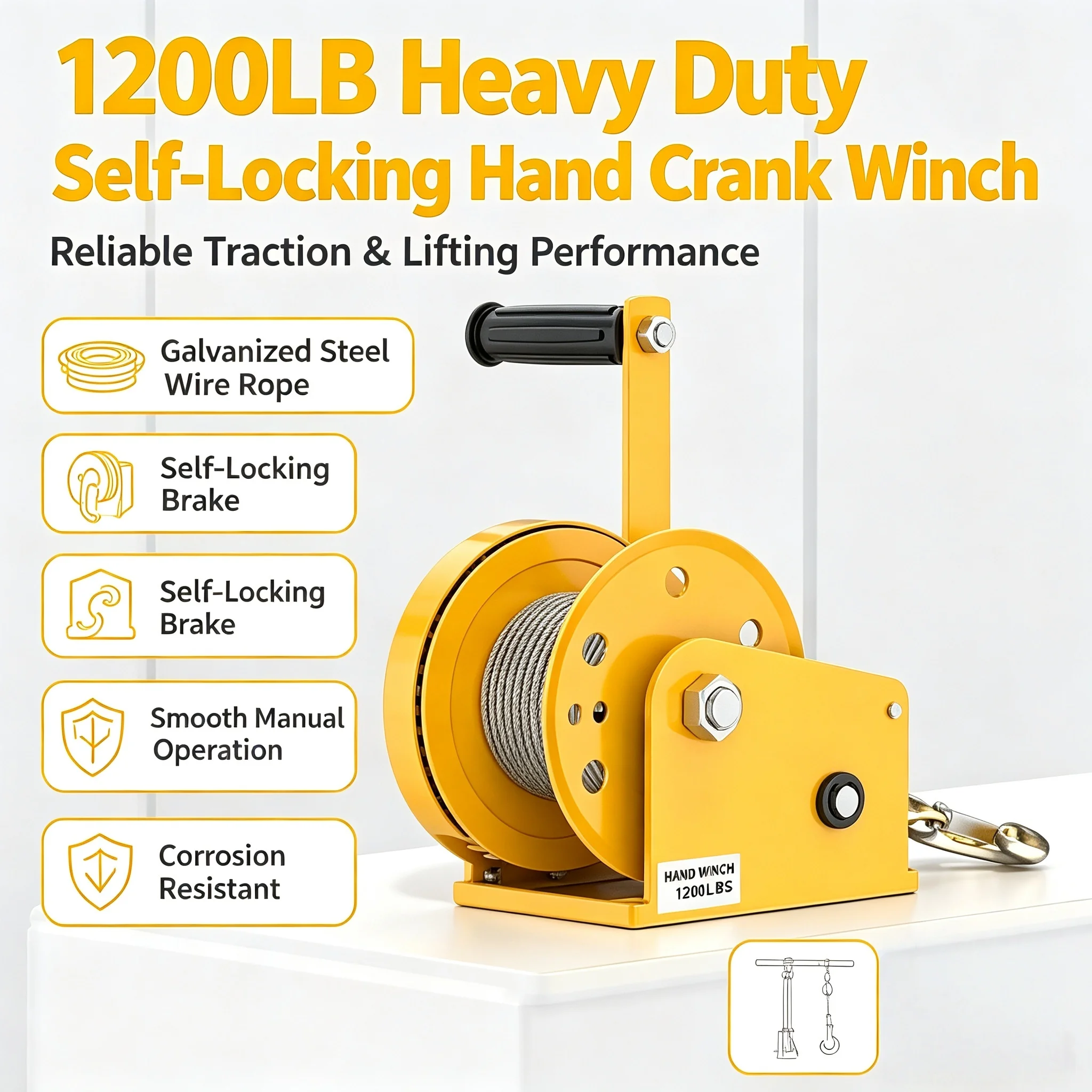 1200LBS Heavy Duty Bidirectional Self-locking Hand Crank Winch, Manual Traction Hand Winch for Boat, ATV, Trailer and Truck