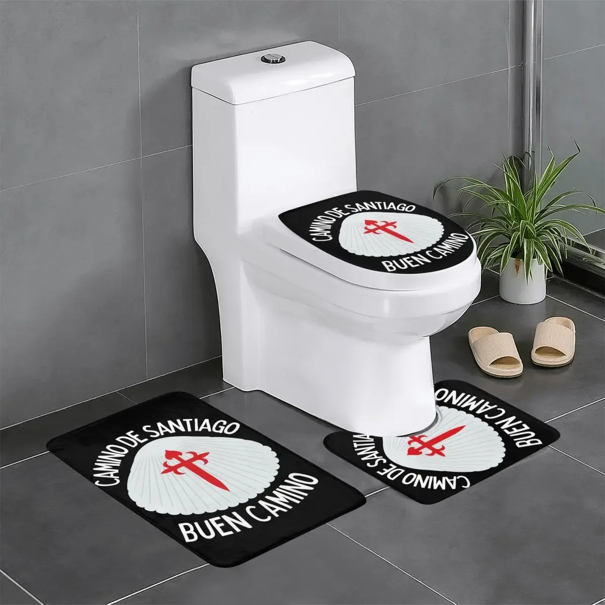 

Изготовленный на заказ набор ковриков для ванной комнаты Buen Camino De Santiago, 3-х предметный нескользящий комплект ковриков для унитаза и ванны Испании