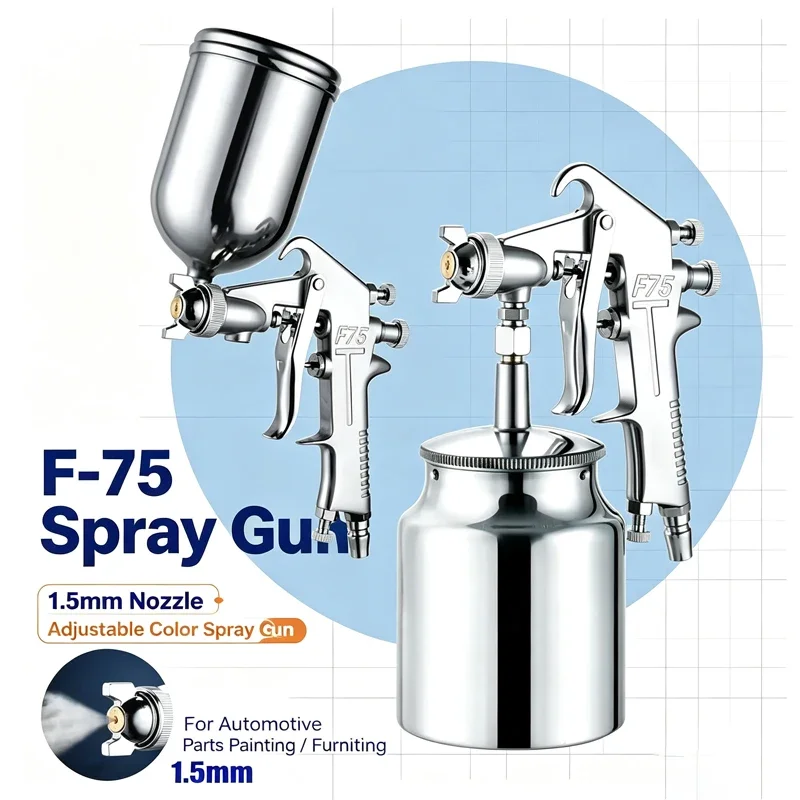 F-75 Spray Gun 1.5mm Nozzle with Cup Silver Handle Adjustable Color Spray Gun for Automotive Parts Painting Furniture