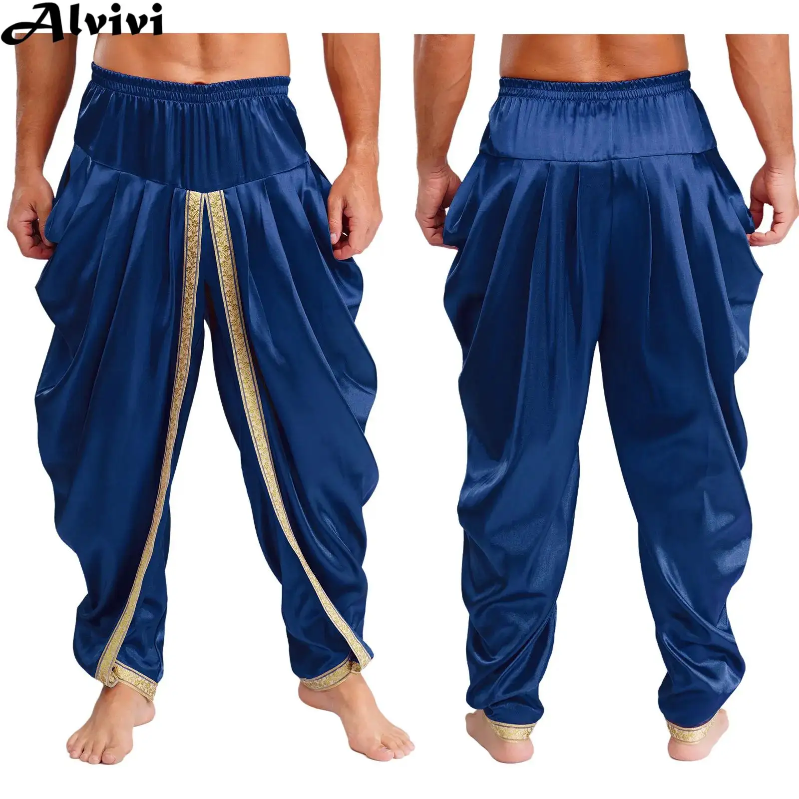 

Мужские драпированные мешковатые индийские атласные брюки Dhoti с эластичной резинкой на талии, брюки для Хэллоуина, тематической вечеринки, карнавала, фестиваля, косплея, выступления