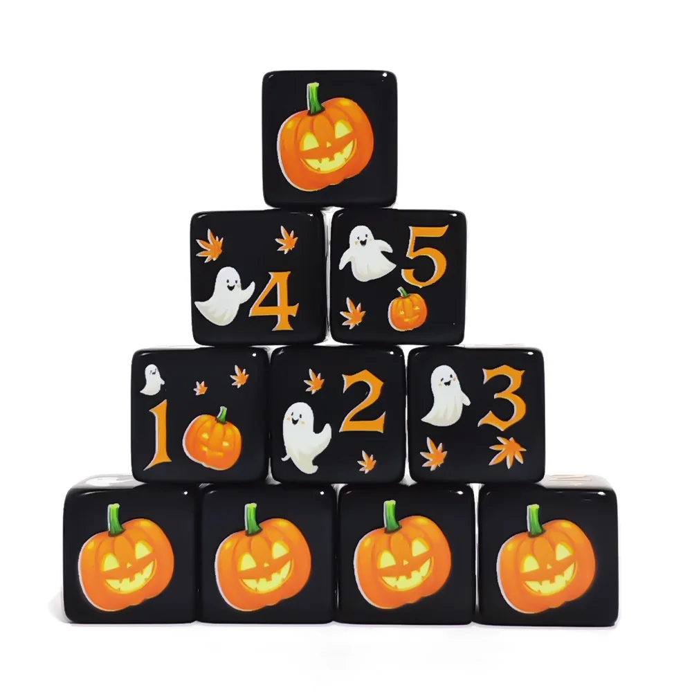 12Pcs 16MM Black Acrylic D6 Dice, Halloween Pumpkin Ghost Maple Leaf Printed Six Sided Game Cubes For DND RPG Tabletop Board view 2