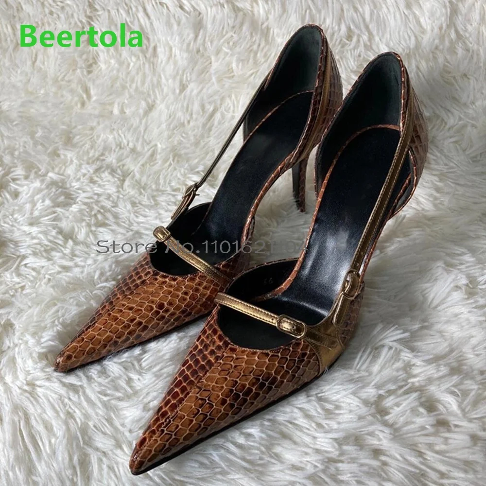 Snake Pattern Thin High Heel Pumps For Female Women Brown Pointed Toe Slip-on Shallow Sexy Belt Buckle Retro Classical Shoes