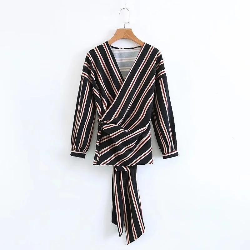 

Women's Autumn Winter New Laceup Striped irt Cleanfit Sle Polypropylene Long Sve Thin Polyester Fiber Nondeformable