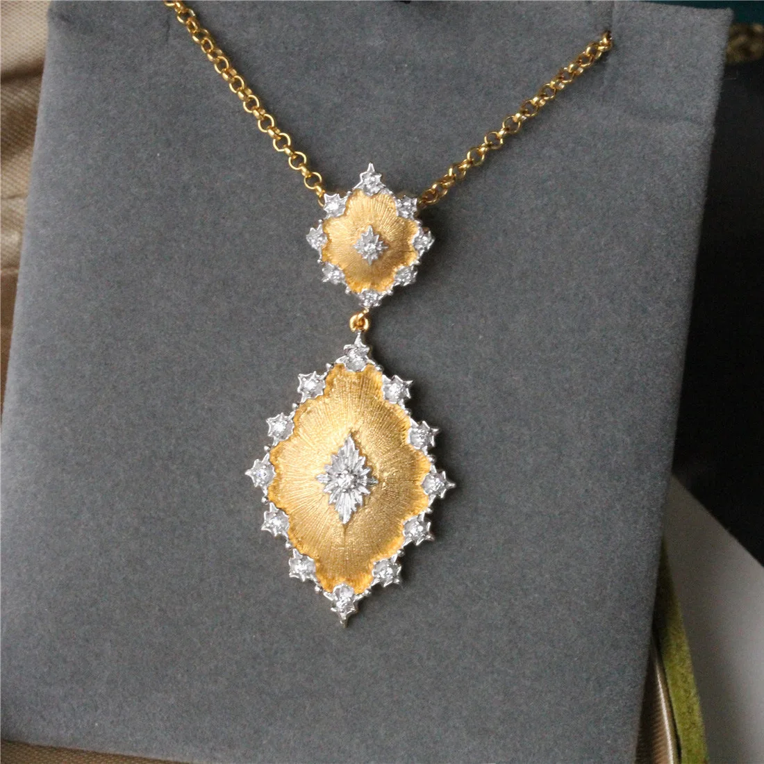 Silver pendant necklace retro lace engraved two-color gold and silver earrings