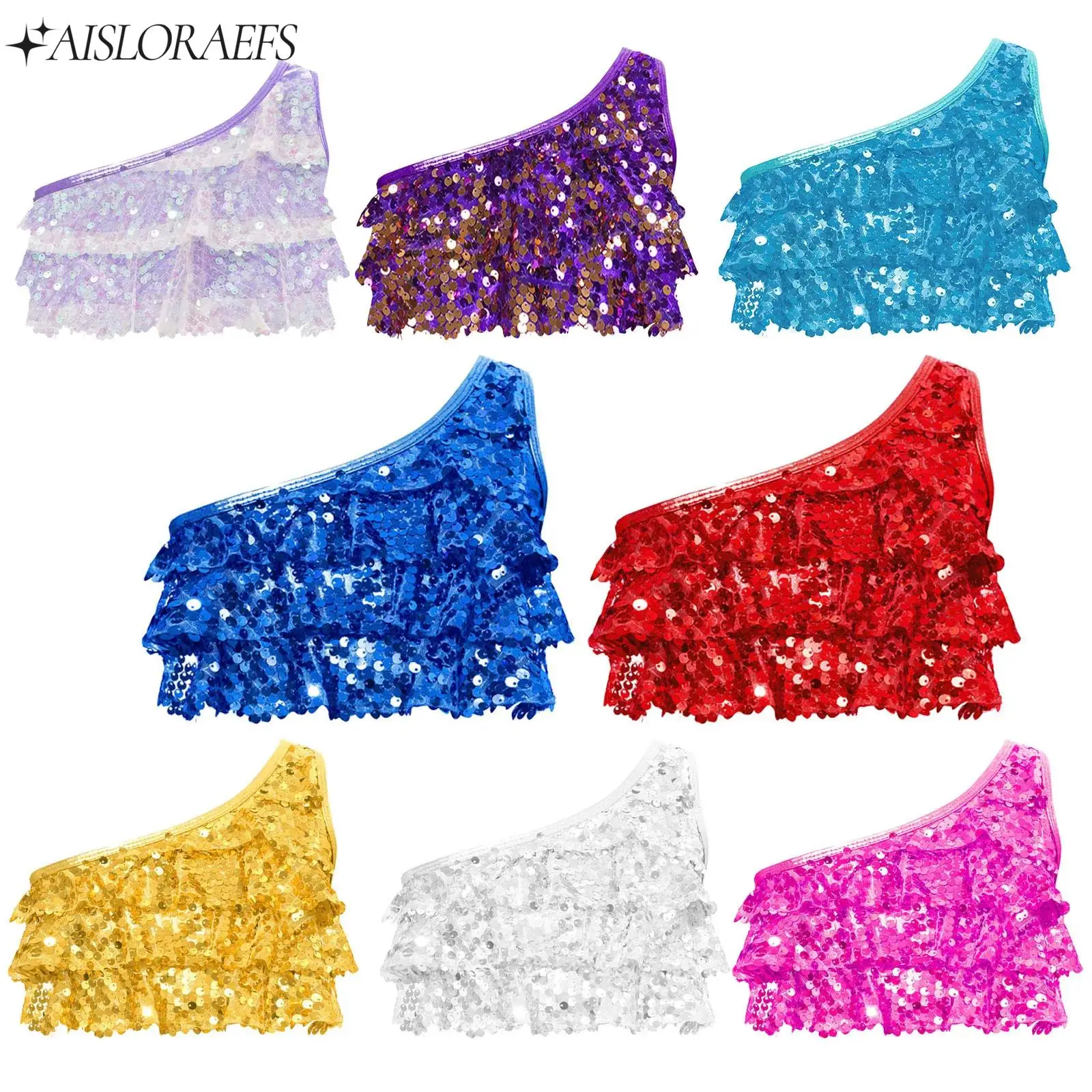 

Teen Girls Jazz Hip-pop Modern Street Dance Performance Tops Shiny Sequins Tiered Ruffles Sleeveless Crop Top Metallic Dancewear