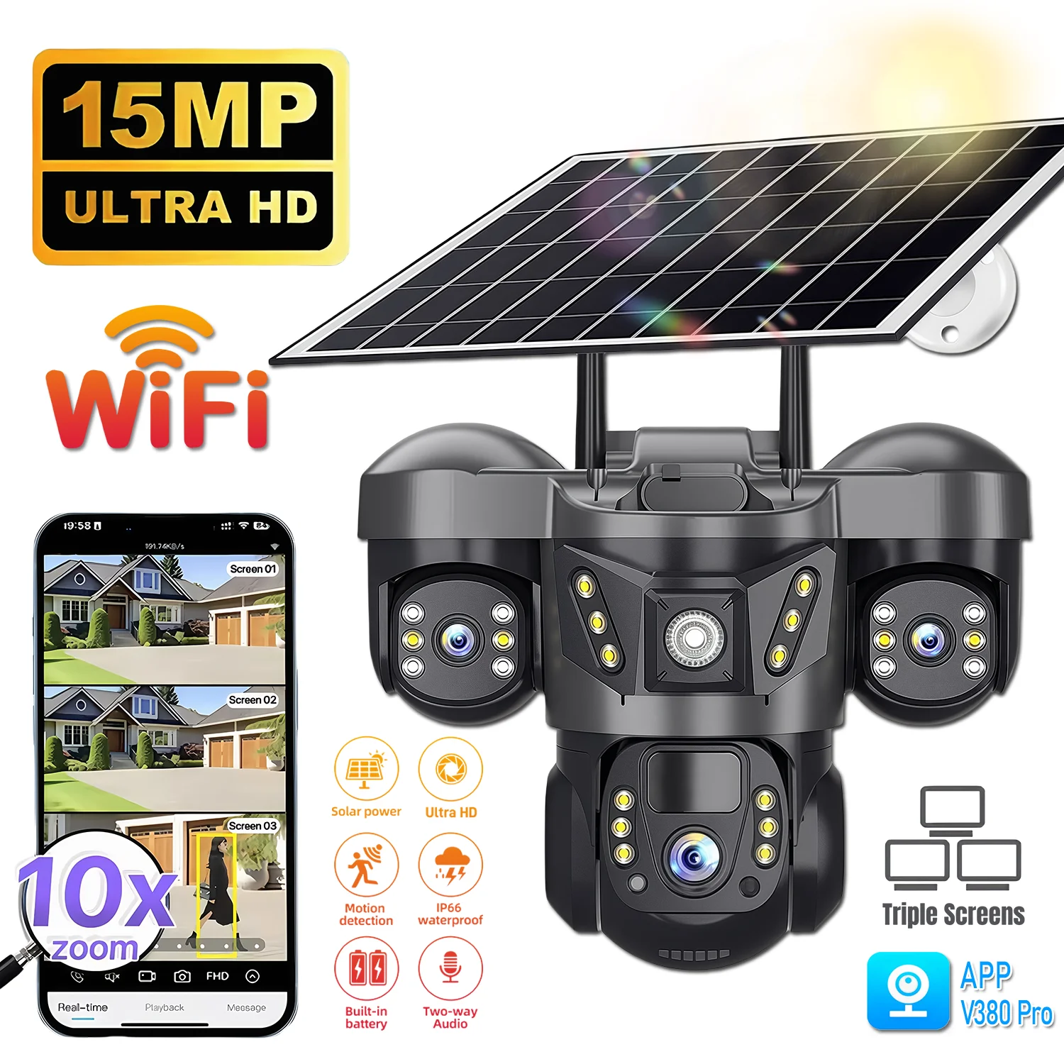 Telecamera WIFI solare 3 lenti Rotazione PTZ impermeabile Sorveglianza Rilevazione umana wireless Sicurezza domestica intelligente Telecamere IP V380 CCTV