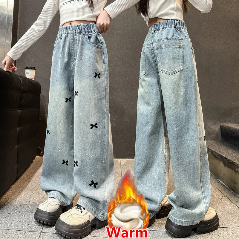

Child Autumn Winter Crystal Jeans with Bow for Girls Fleece Insulated Denim Pants Kids Thick Thermal Trousers 5 7 9 11 13 14 Y