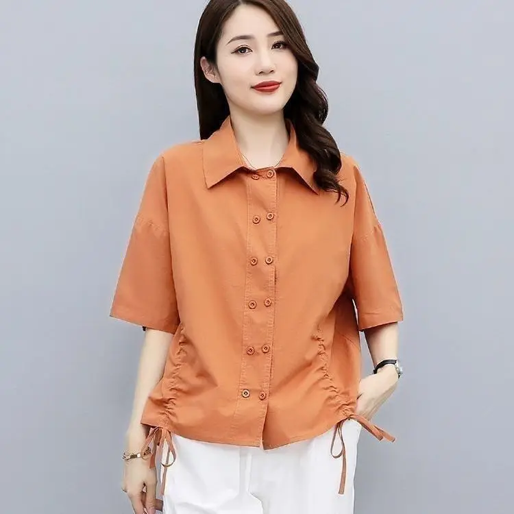 Women's Loose Shirt Short Sleeve Lapel Pocket Cotton and Linen Casual Summer Black White Pink Half Sleeve Tops for Women A91