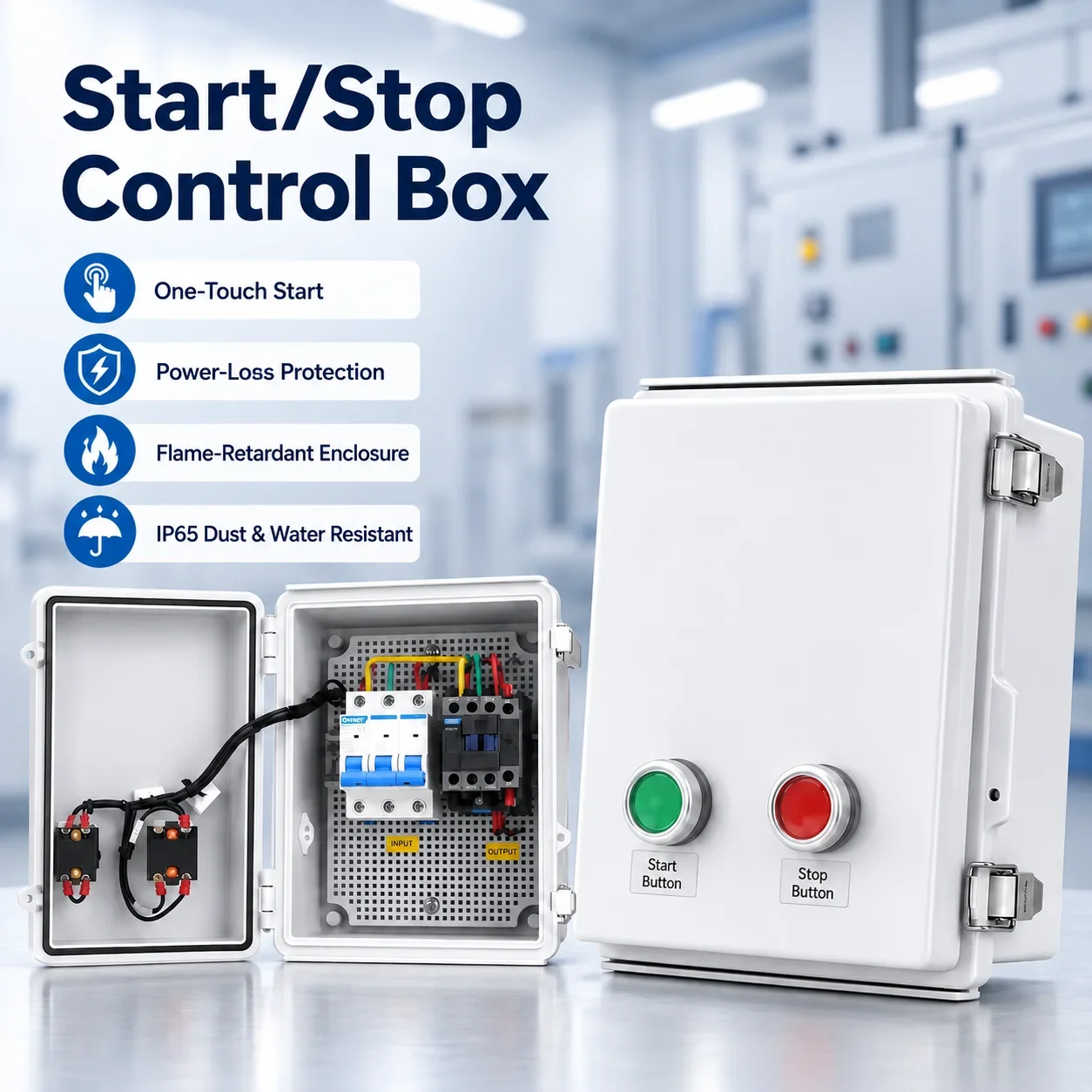 Waterproof Control Box with Button Start/Stop Three-Phase AC Contactor for Kitchen Fan Steamer Rice Cabinet Outdoor Use