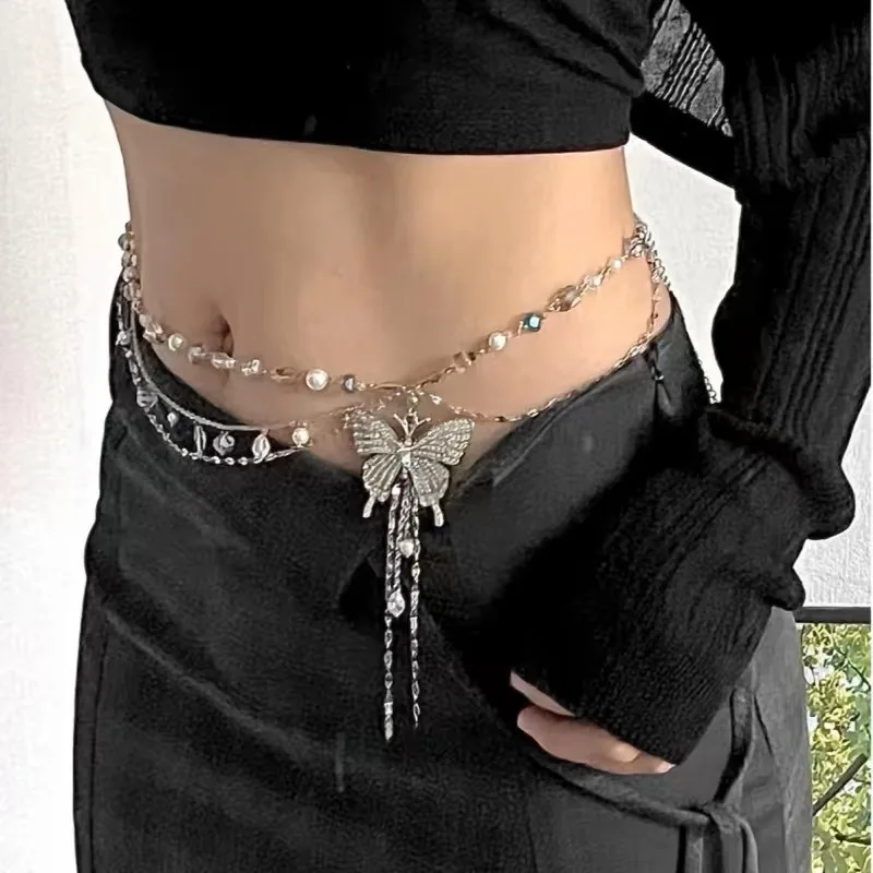 Romantic Crysta Butterfly Waist Chain For Women Beaded pearls Tassel Metal Belt Female Lady Body Chains Dress Decor Waist Strap