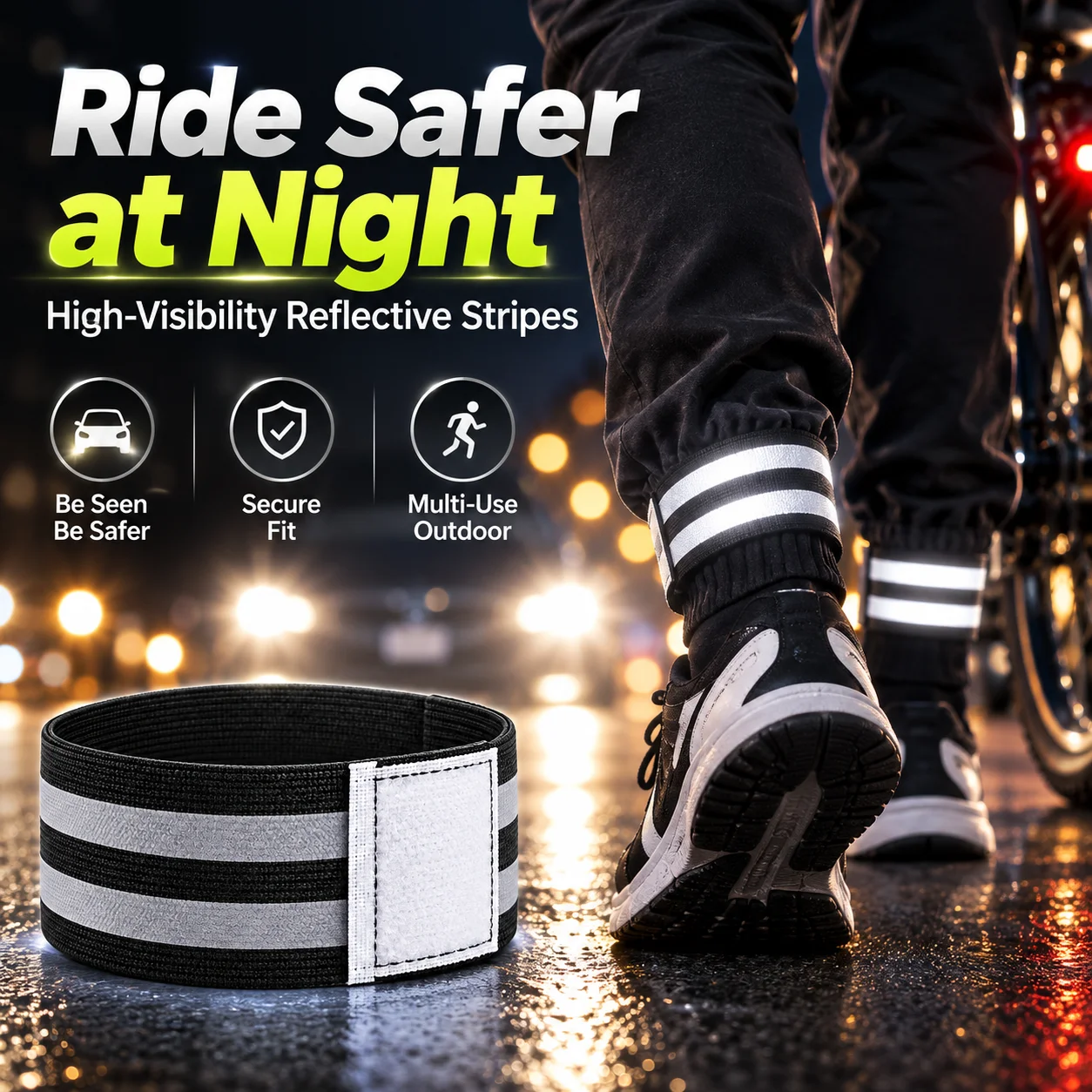 Reflective Cycling Leg Straps Adjustable Elastic Pants Cuff Bands High Visibility Ankle Safety Straps for Bike Running Walking N