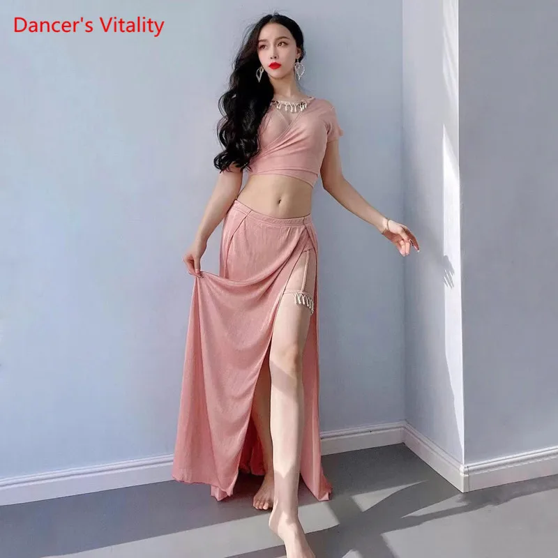 Belly Dance Suit V-Neck Leopard Print Top Split Skirt Performance Clothes Female Adult Elegant Competition Practice Clothing