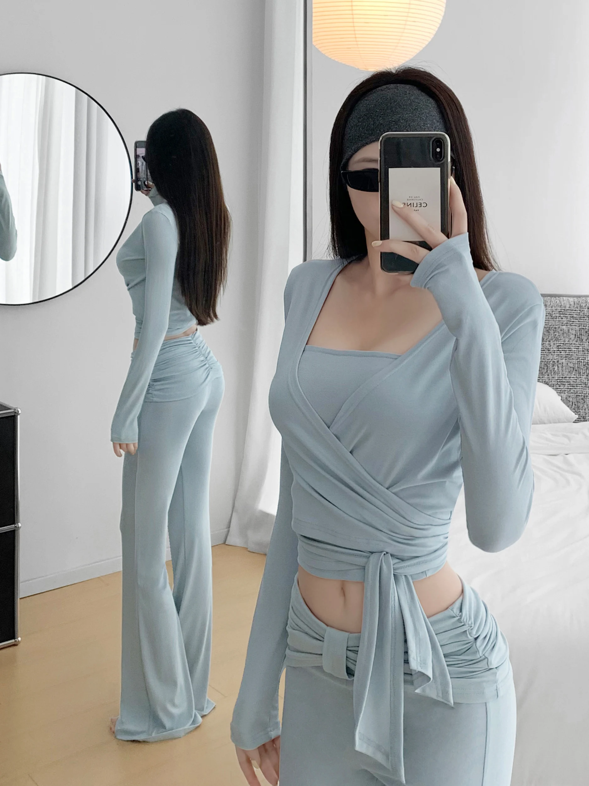 Slim Fit Long Sleeve Top And Soft Pants Set with Belt Design Base Layer Tube Top Cardigan Bottoming Long Pants Autumn Winter ...