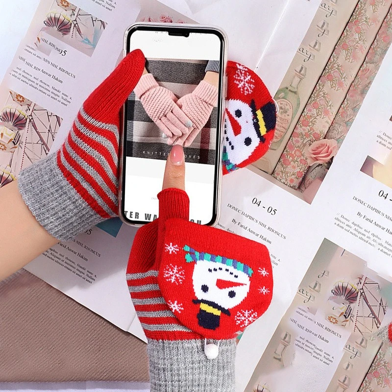 1pair Crochet Flip Top Gloves Winter Warm Half Finger Gloves Thick Keep Warm Fingerless Gloves Christmas Knitted Gloves Soft