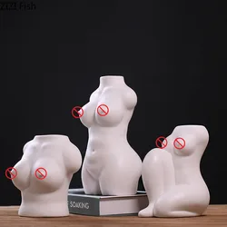 European White Vase Human Body Chest Ceramic Vases Nude Figures Bust Plant Pots Decorative Flower Arrangement Desk Decoration