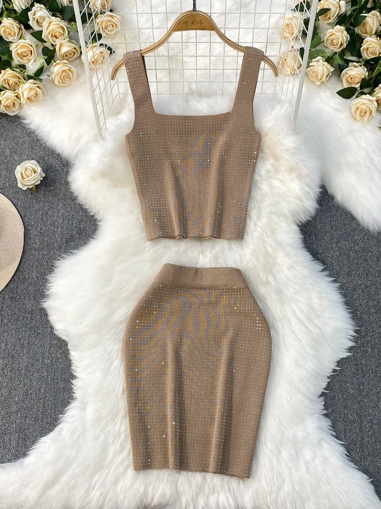 

Woman 2025 New Set Sleeveless Knit Tank High Waist Bodycon Skirt Summer Sexy Elastic High Quality Diamonds Two Piece Sets