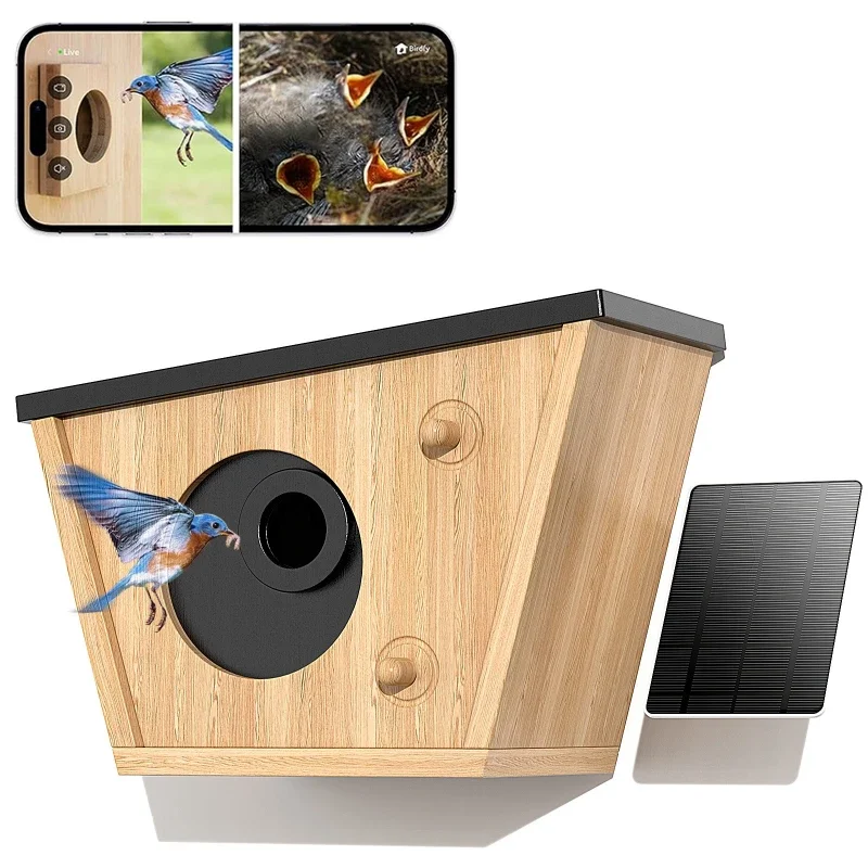 Wooden Bird Nest Solar Outdoor Hanging Parrot Breeding Box with Camera Smart Viewing Bird Cage Pigeon Parrot House Nesting Box