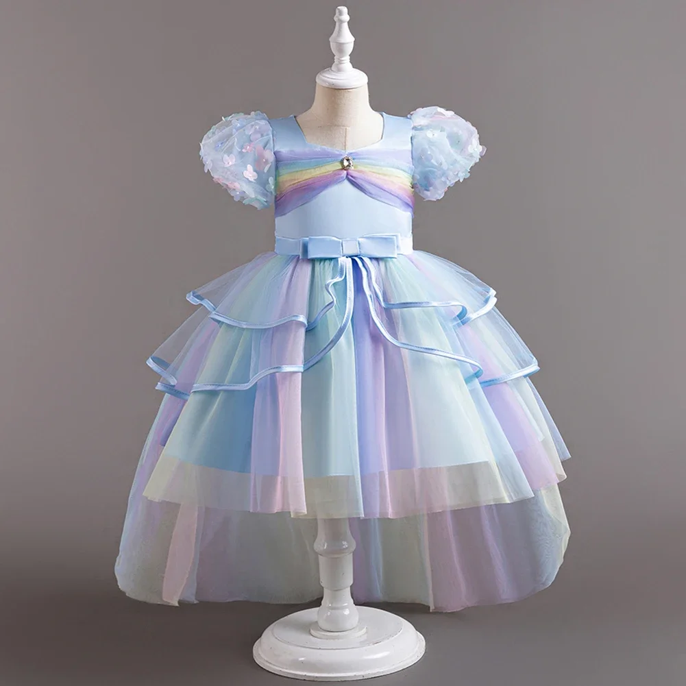 Rainbow Trail Tulle Princess Dress for Girls Kids Children's Birthday Party Graduation Ceremony Wedding Frock 3-12 Years