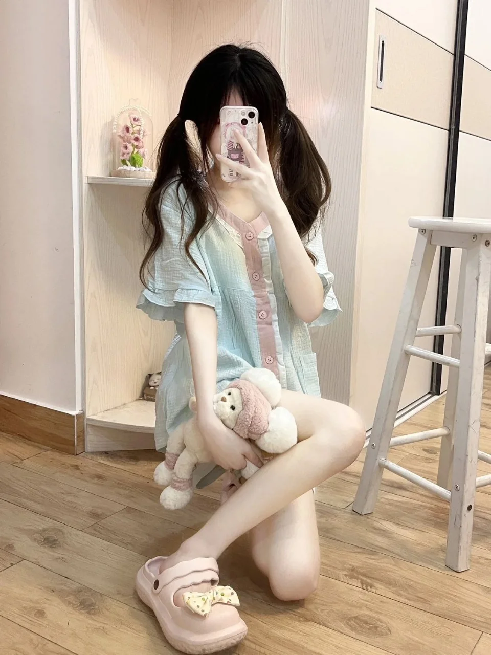 طقم بيجامة حلوة للسيدات باللون الأزرق الفاتح - بلوزة وسروال قصير الأكمام بأزرار سفلية، ملابس نوم كاجوال كاواي مناسبة للربيع والصيف #4