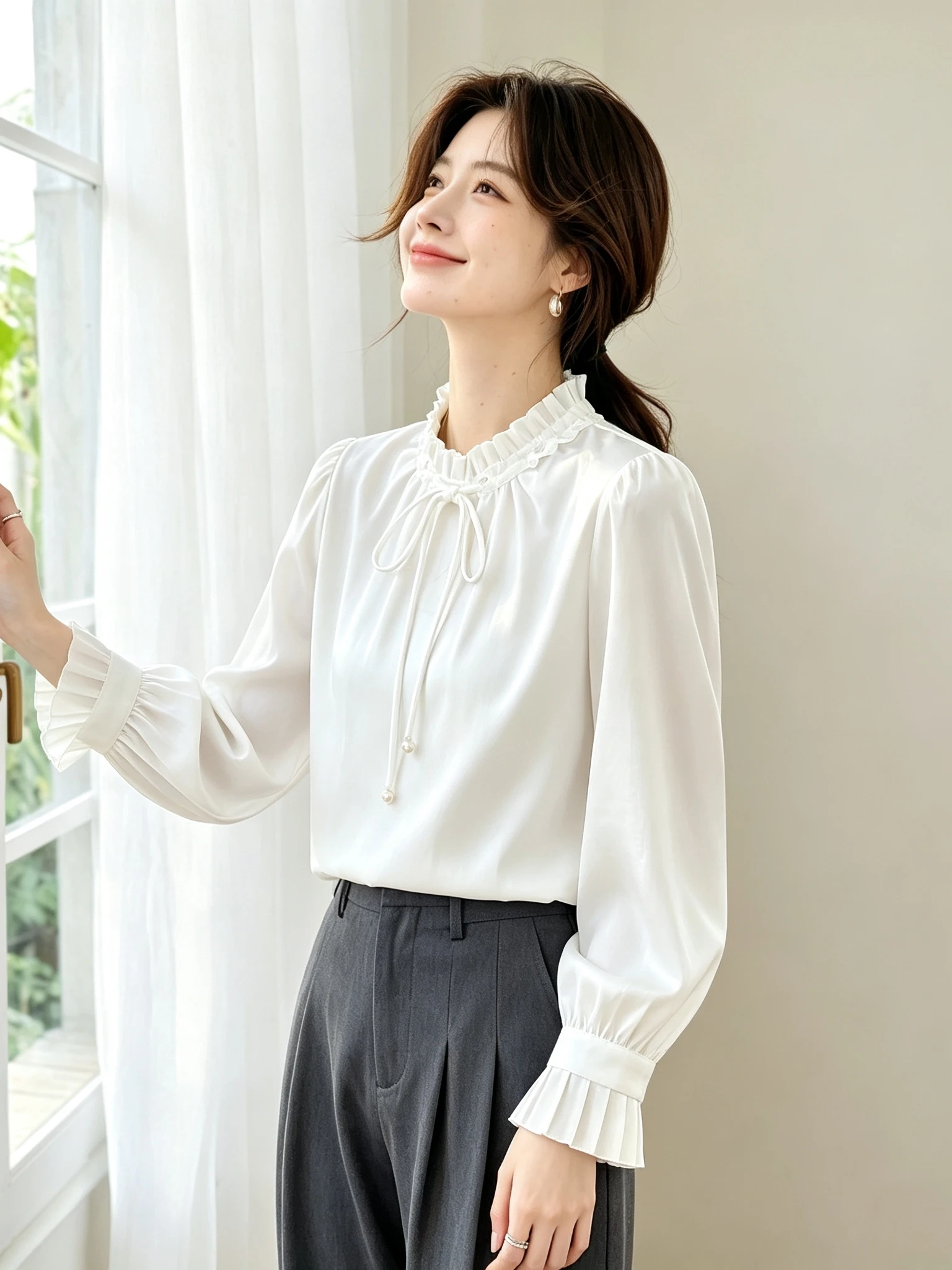 Elegant Loose Long Sleeve White Shirt Women's Autumn New Style Luxury Sensation Top Polyester Fiber Gauze Collar Regular Sleeve