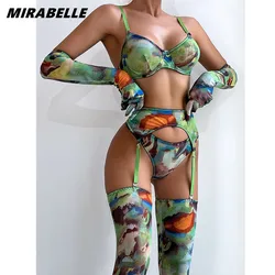 MIRABELLE Tie Dye Lingerie With Stocking Gloves Sleeve Sexy Underwear 5-Piece Intimate See Through Mesh Sensual Outfit