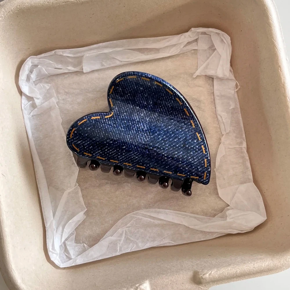 Retro denim textured heart-shaped silver polka dot hair clip with shark spring pattern, a women's everyday hair accessory. - view 4