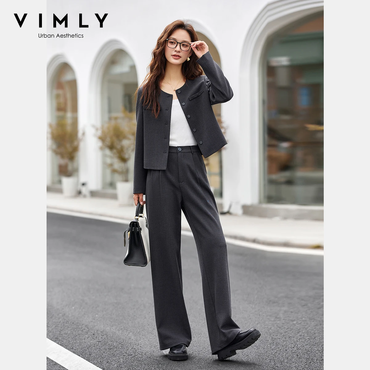 VIMLY Pants Sets Woman 2 Piece Solid Elegant Round Neck Button Jackets Fashion Wide Legs Long Pants Ladies Trouser Sets A2169