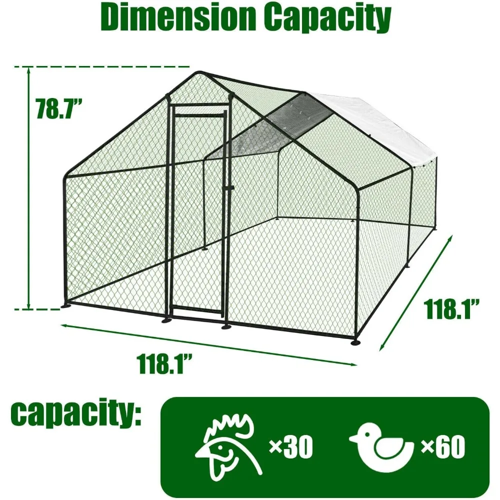 Pollo grande de metal de 10 pies con paseo, cubierta impermeable para aves de corral, adecuada para gallinas, conejos y animales de granja