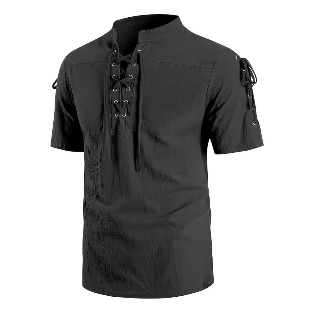Vintage Kurzarm-Oberteile für Herren, Baumwolle, Renaissance-Piratenkostüm, Gothic-Stil, Schnürdesign, leichte Hemden