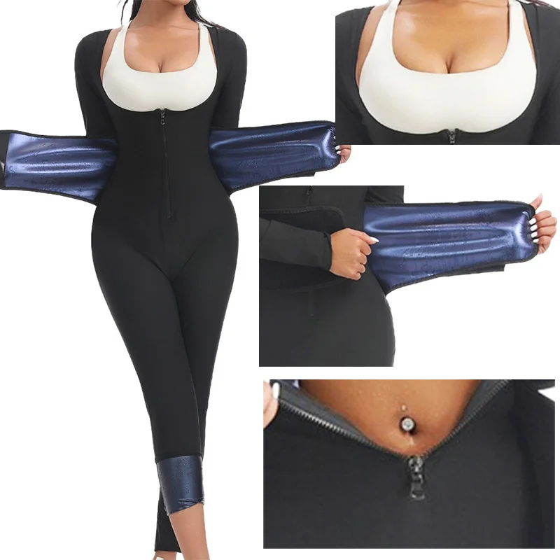 MrifDila Zip Up Jumpsuits Long Sleeve Sauna Suit Open Bust Sweating Body Shaper Suits Sweatsuit Zipper Bodysuit Hot Sweating