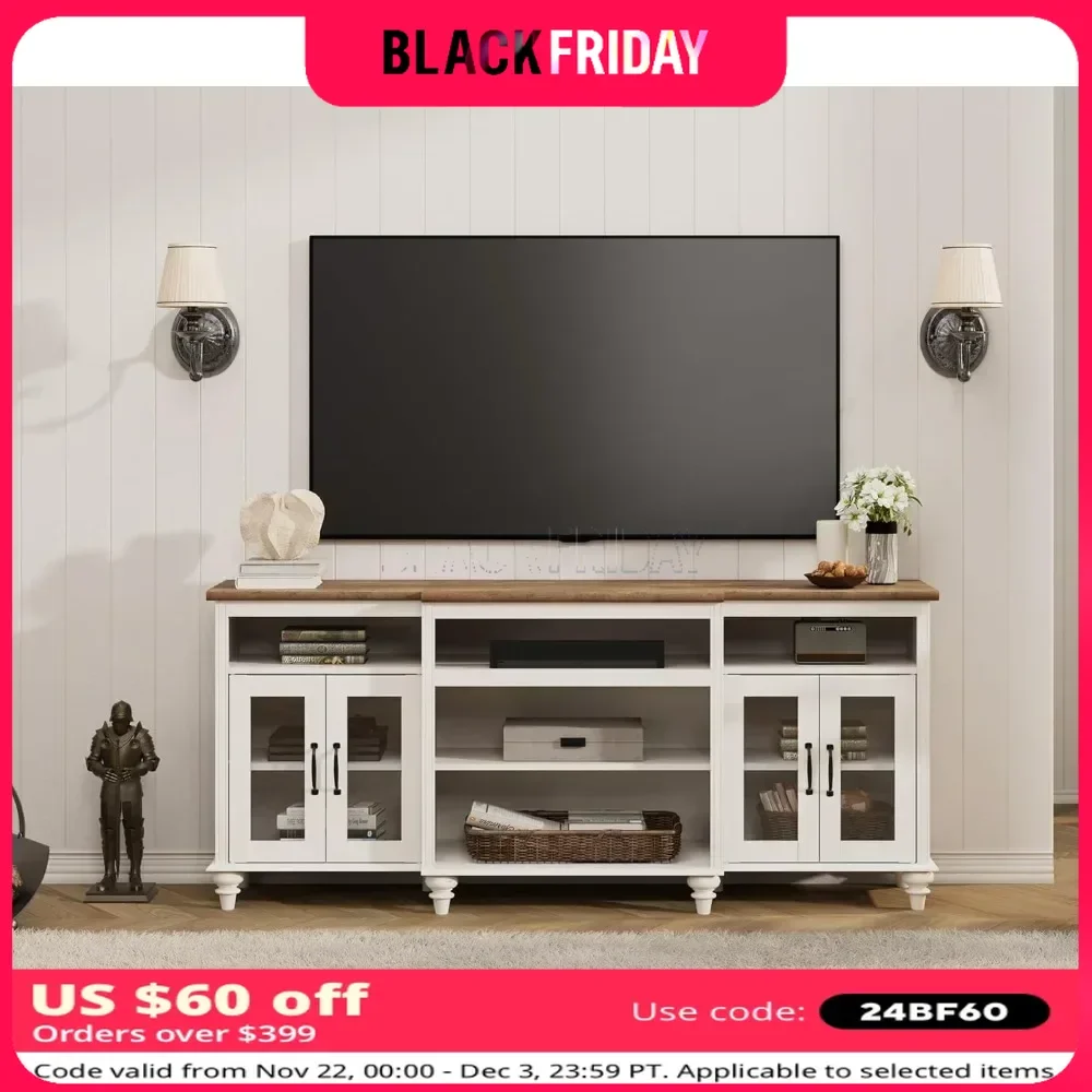 TV Stand for TVs Up To 75 Inch, 4-Door Glass and Wood Universal TV Console with 9 Storage Cabinets, Entertainment Center Table