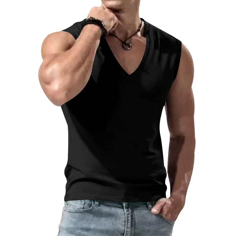Summer Men's Solid Color V-Neck Tank Tops Casual Breathable Sleeveless T-Shirt Men Fitness Sports Vest Male Outdoor Jogging Tops