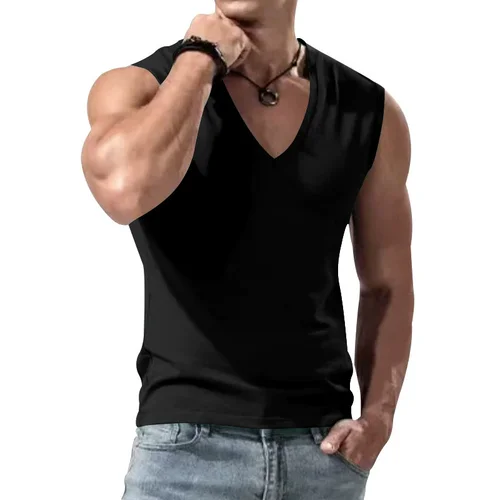 Imagen 1 del producto Camisetas sin mangas con cuello en V de Color sólido para hombre, camiseta informal transpirable sin mangas, chaleco deportivo para Fitness, camisetas para correr al aire libre para hombre