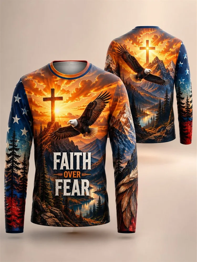 Men's Cross Tree Eagle Rooted In Faith Built In Freedom 2026 1776 Christian Long Sleeve T-Shirt Graphic Pullover Tops Gift