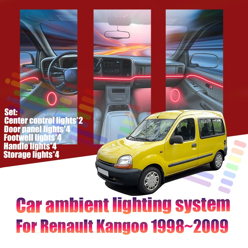 Luces LED Ambientales para Renault Kangoo 1998~2009, Luces de Atmósfera Coloridas, Tira de Neón Interior para Auto, Iluminación RGB de 64 Colores, Accesorios para Auto