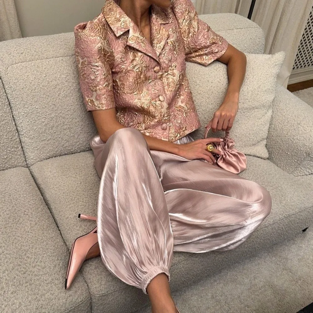Casual Loose Satin Lantern Pants High Waist Elastic Crepe Loose Bloomers Long Elegant Loose Ankle Pants Spring Summer