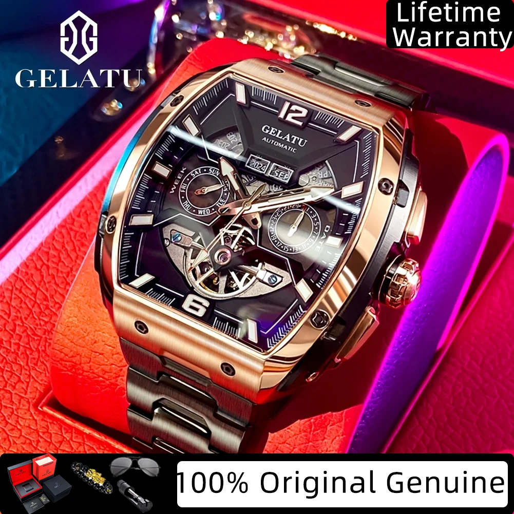 

GELATU Hollowed Men's Watches Original Stainless Steel Waterproof Date Week Display Luxury Automatic Mechanical Man Watch 6013