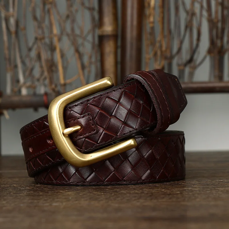 

Trendy retro fashion all-match first layer pure cowhide braided belt men's genuine leather copper buckle belt