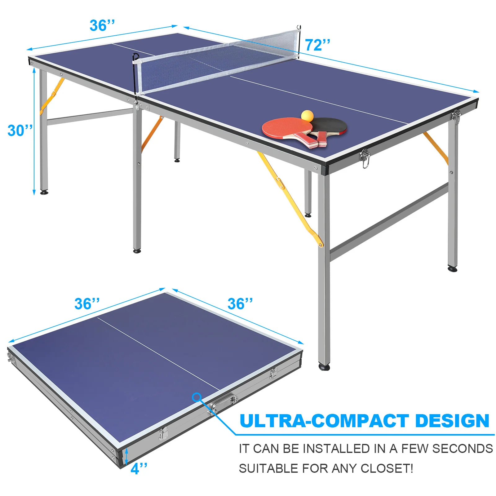 6ft Mid-Size Table Tennis Table Foldable & Portable Ping Pong Table Set for Indoor & Outdoor Games with Net, 2 Table Tennis Padd